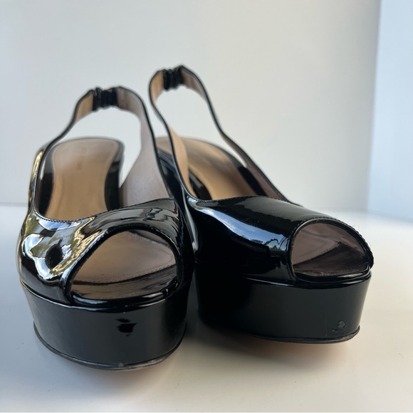 Stuart Weitzman Peep Toe Patent Leather Platform Slingback Wedges - Picture 6 of 12